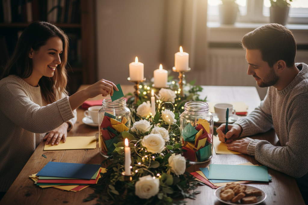 Creat an image of a couple at a decorated table writing on colorful pieces of paper. There are two jars on the table with paper in it and one person is reaching into the jar