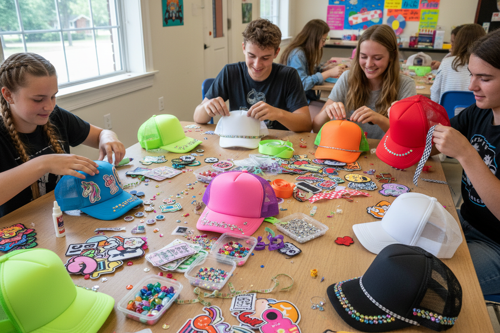 Create a table with teenagers working on decorating trucker hats with patches, rhinestones and ribbons