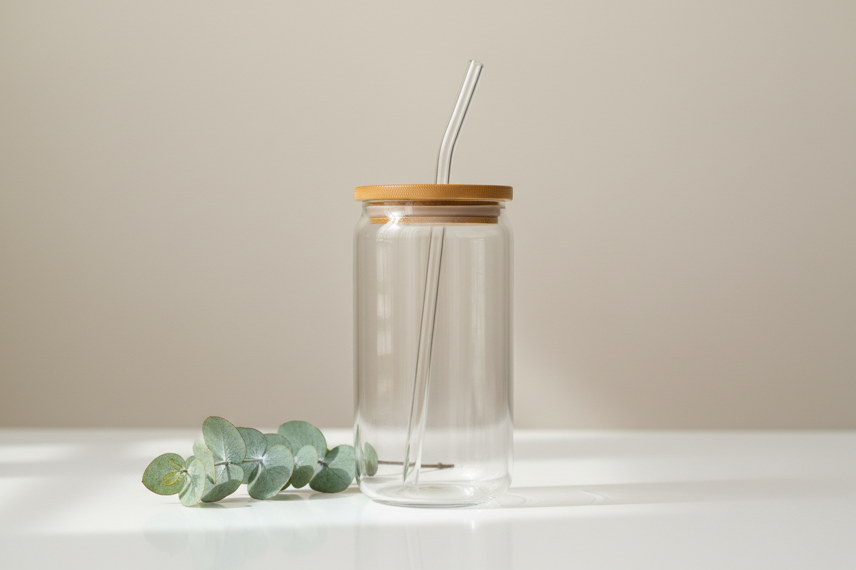 create an image of a 16 oz glass with a bamboo lid and clear straw. There is a small bit of greenery laying next to the glass