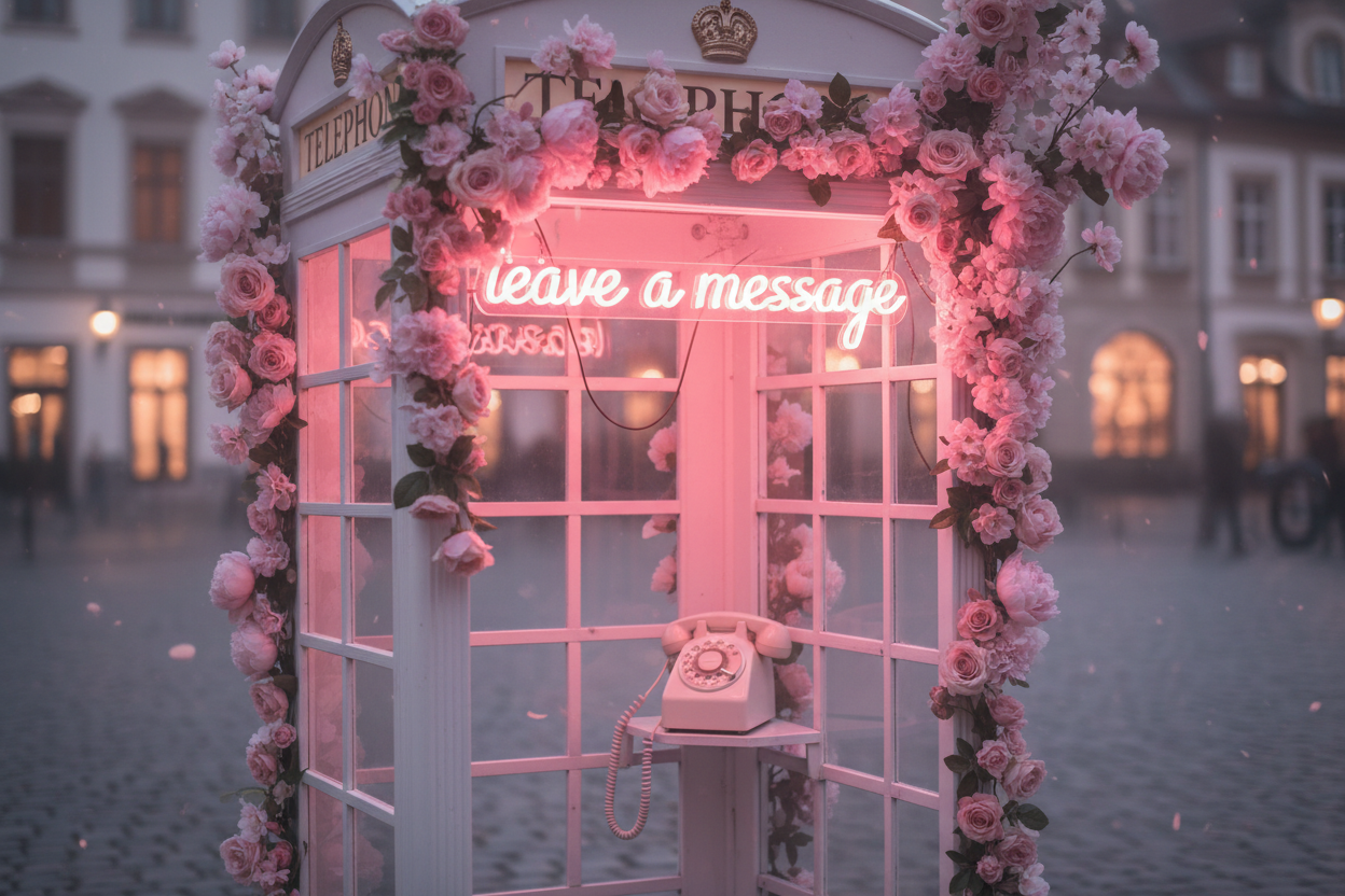 Create an image of a white phone booth outside decorated with soft pink flowers and a old time white phone inside. Above it is a neon sign that says "leave a message"