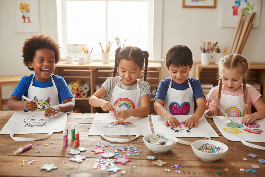Create an image of four diverse children sitting at a table drawing on white aprons. There are kid friendly patches on the table with gem embellishments too