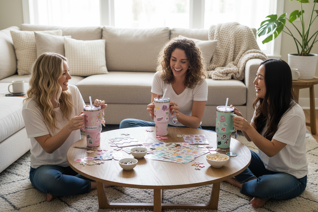 Create an image of three woman two white and one asian sitting on the floor at a coffee table in a living room decorating stanley tumblers with stickers and charms. 