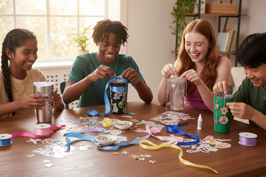 Create an image of two teenage boys and two teenage girls of different ethnicites around a table doing a craft of decorating tumblers with stickers, ribbons and charms