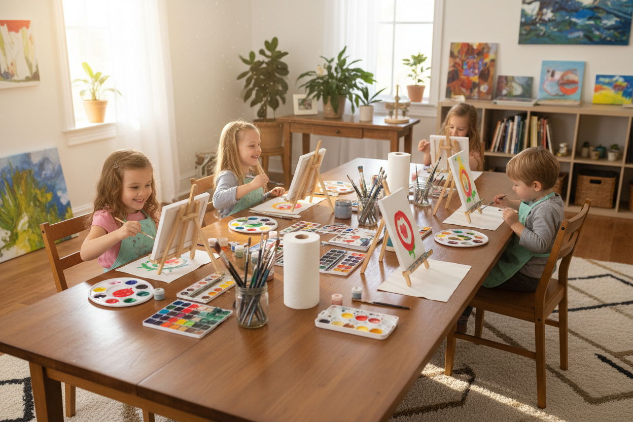 generate an image of three children painting on table top canvases with easels. The scene is orderly and neat. The canvases are facing the children