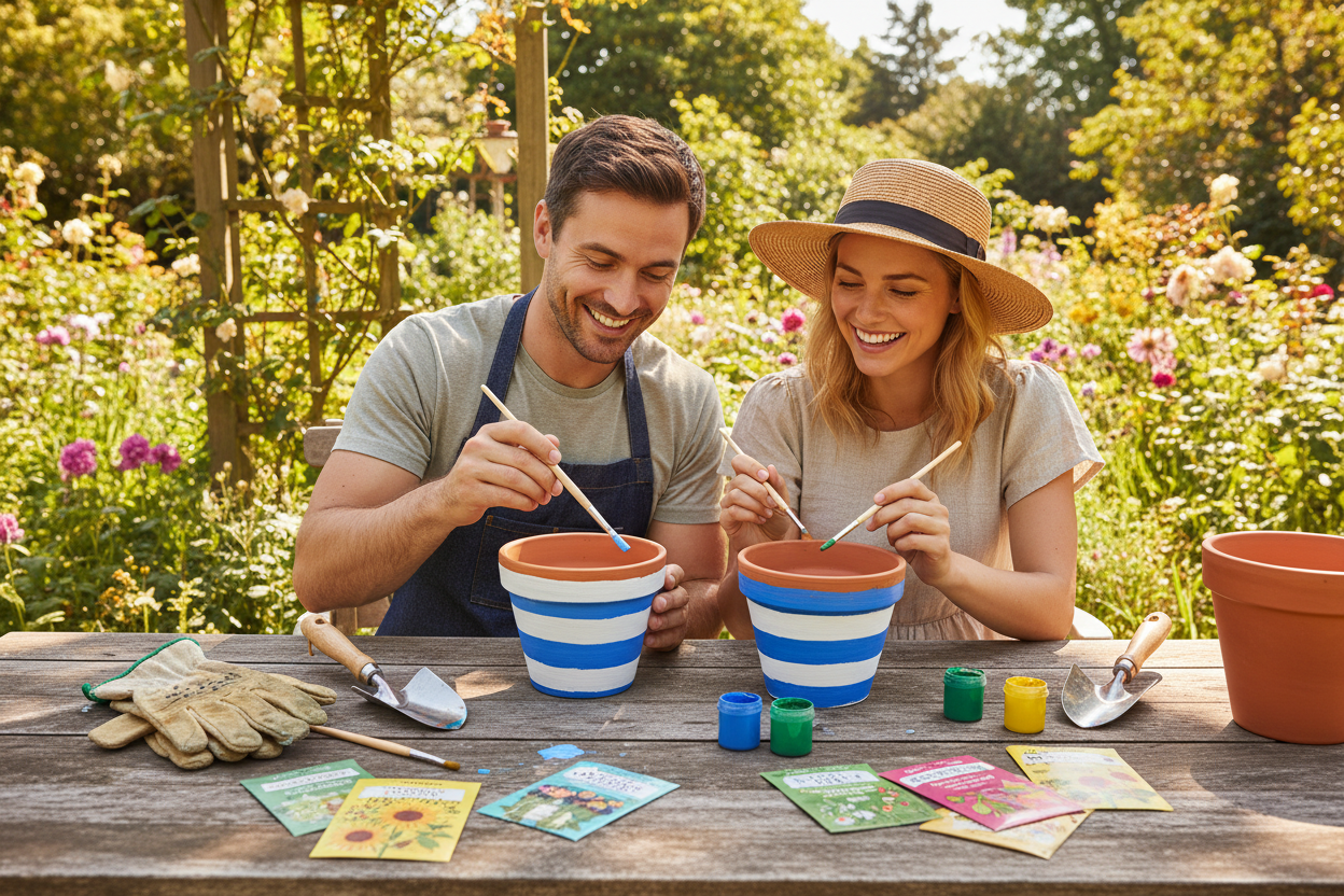Generate an image of two 6in terra cotta pots on a garden table. There are some gardening gloves, a small trowel, some paints and and some brushes out. There are also a few seed packets on the table too. A man and woman are also sitting at the table
