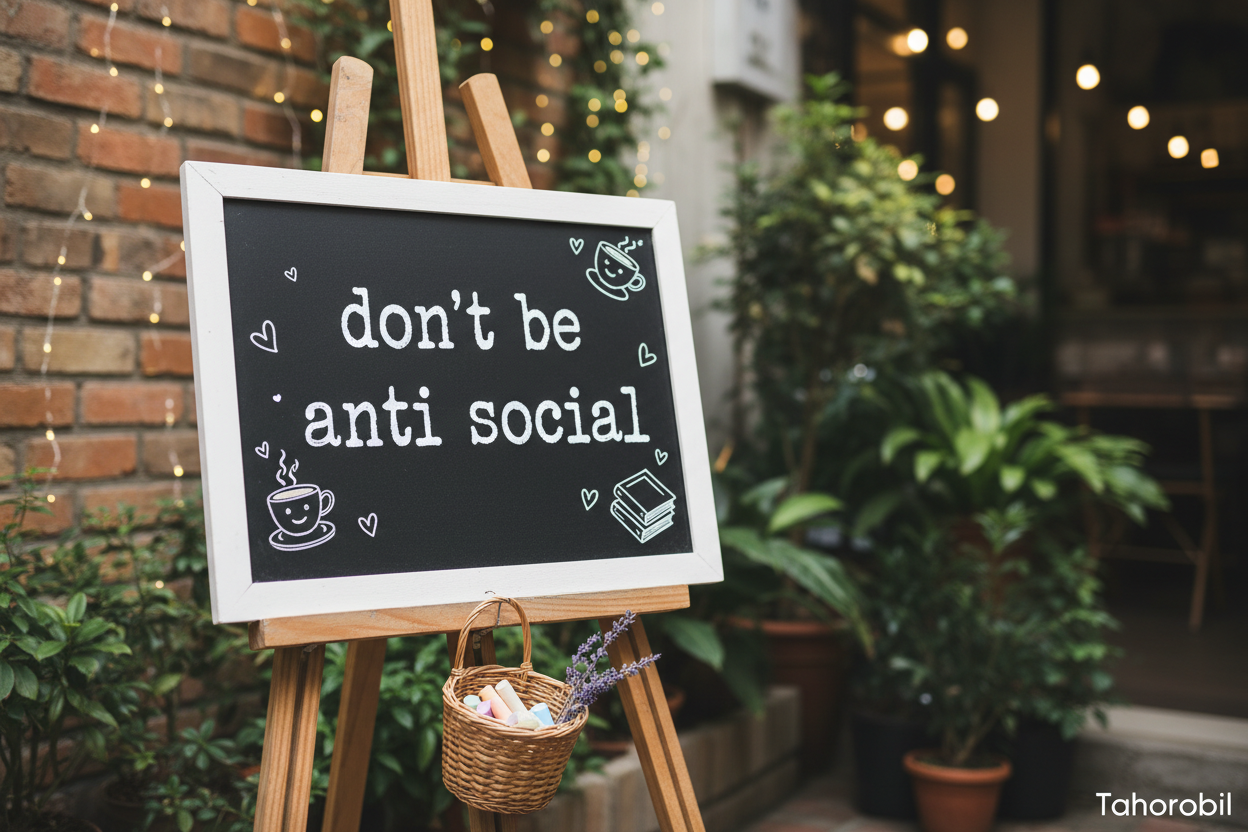 make a cute sign that says dont be anti social in type font on a message board