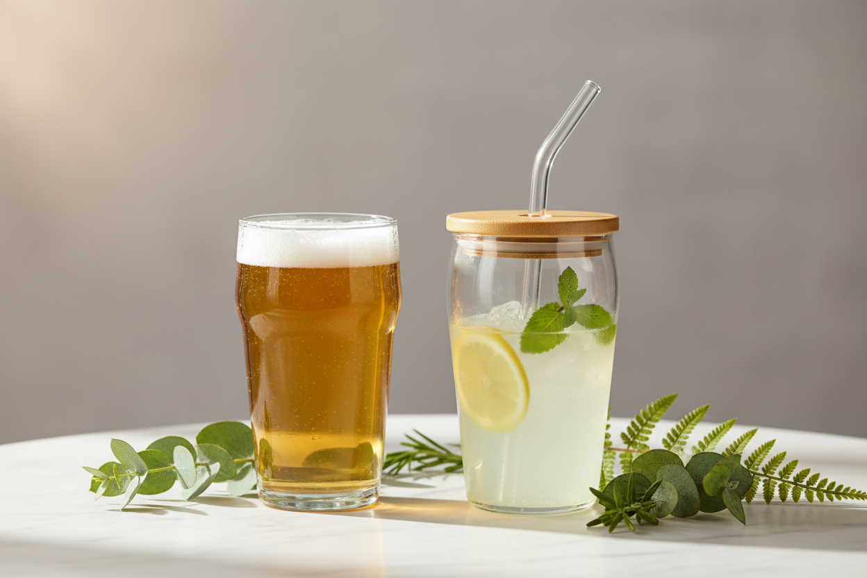 make a photo of one 16 oz pint glass and one 16 oz drinking glass with a bamboo lid and a clear straw. There is some greenery next to the glasses