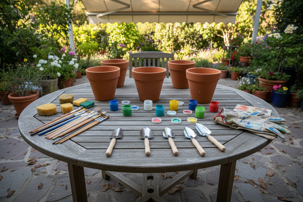 outdoor patio table with four terra cotta pots with paint brushes, sponges, gardening gloves, paints and four small shovels ready to be painted. No people in the picture. 