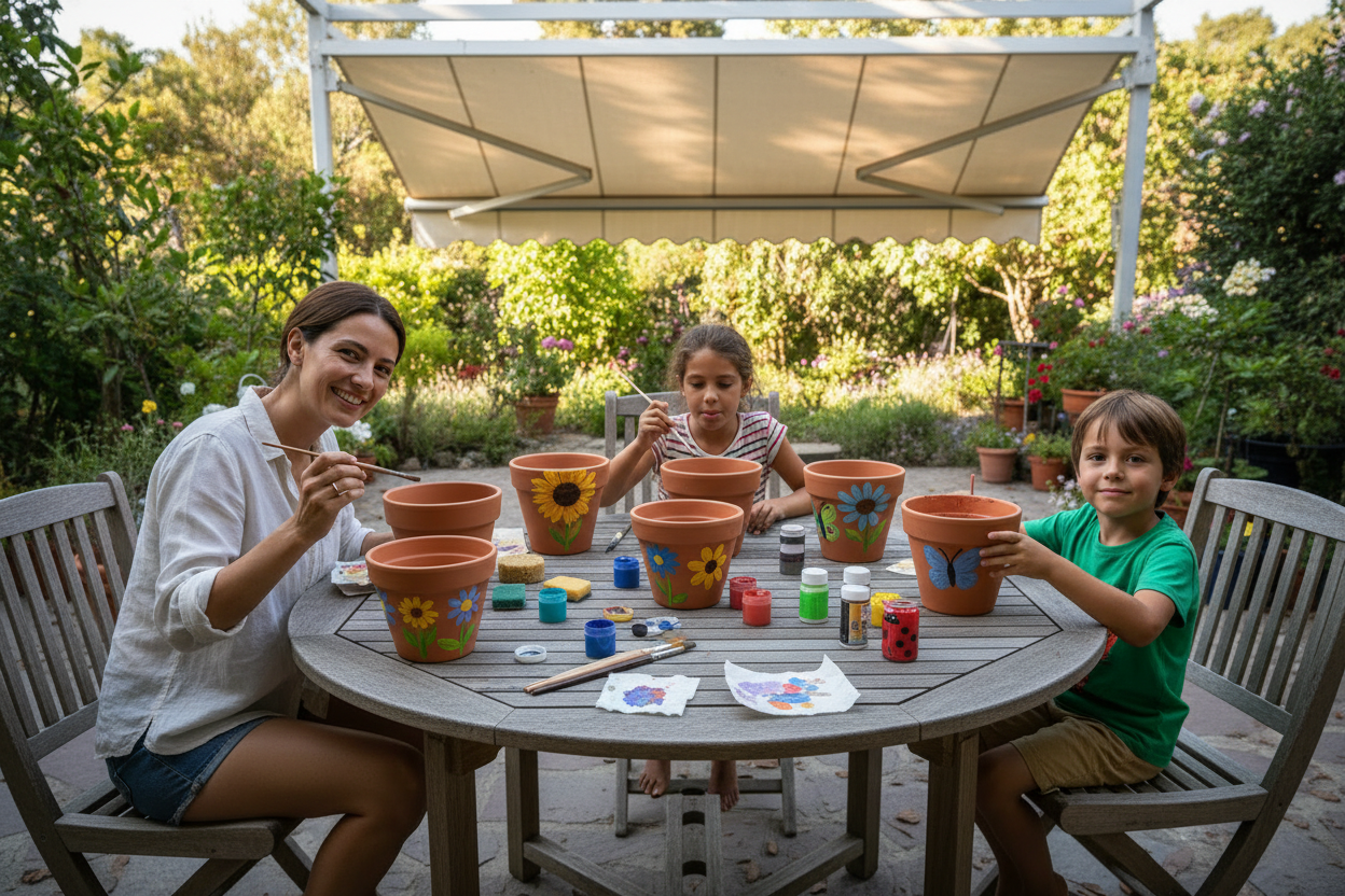 outdoor patio table with four terra cotta pots with paint brushes, sponges, gardening gloves, paints and four small shovels ready to be painted. No people in the picture. 