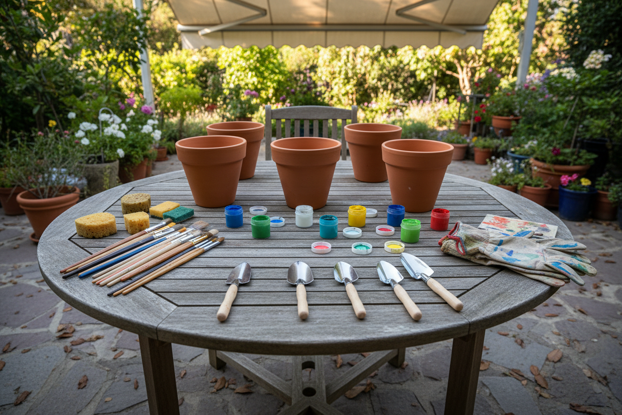 outdoor patio table with four terra cotta pots with paint brushes, sponges, gardening gloves, paints and four small shovels ready to be painted. No people in the picture. 