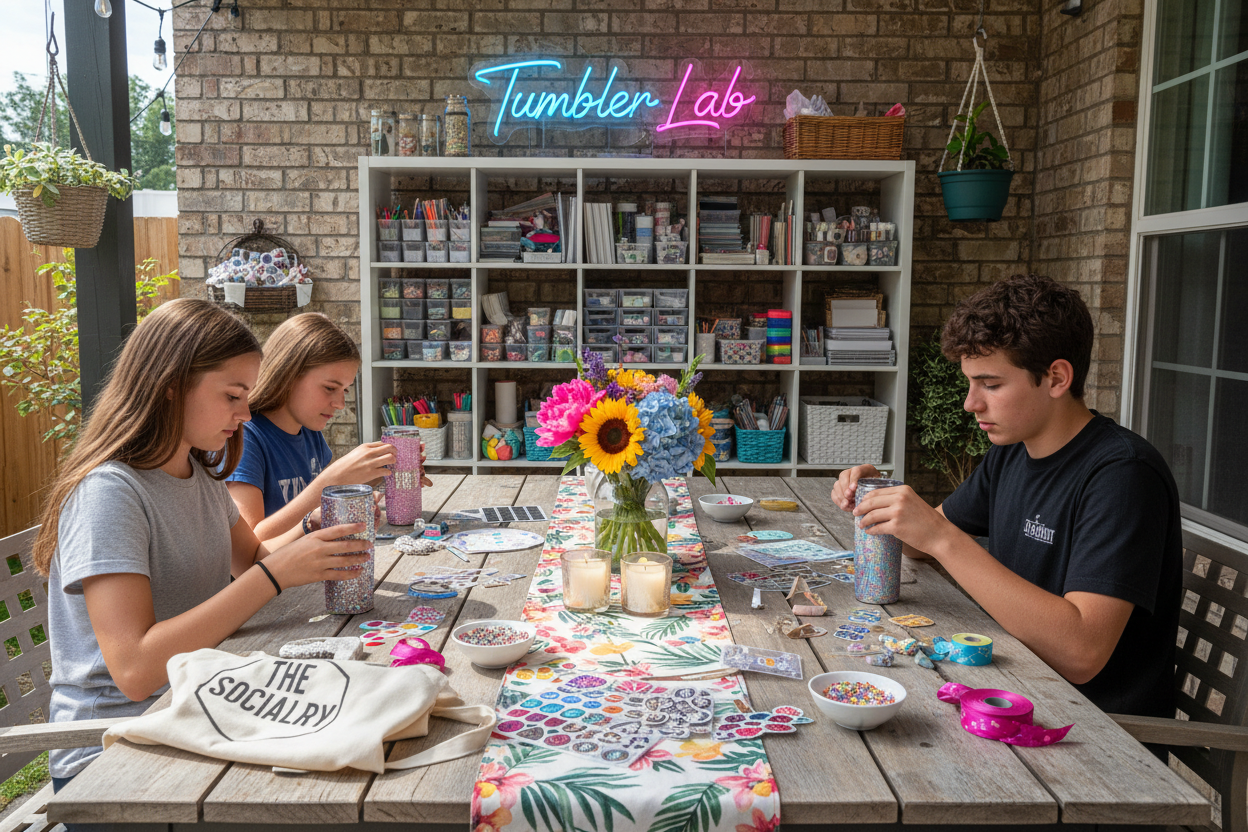 Take an outdoor patio table and have three teenagers styling tumblers with rhinestones, stickers and ribbons and on the table is an apron with "the socliary" on  it, a table runner, flowers and two votive candles. In the back is a shelf with the craft supplies on it and it says "Tumbler Lab" in neon on it